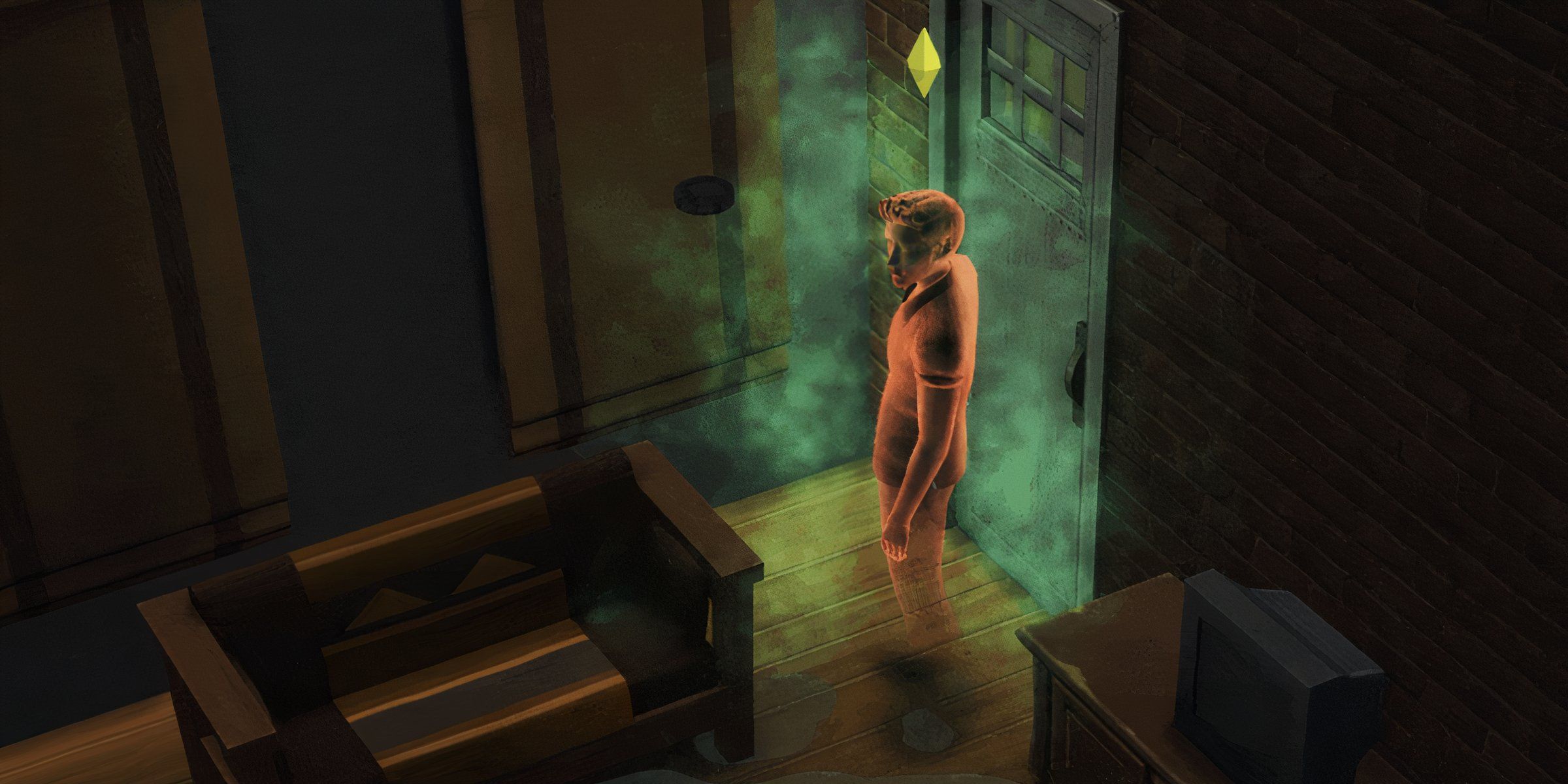 A Ghost Sim Fadding Into Sight In A Dark Room From The Ghastly Ghosts Mod Page In The Sims 4.