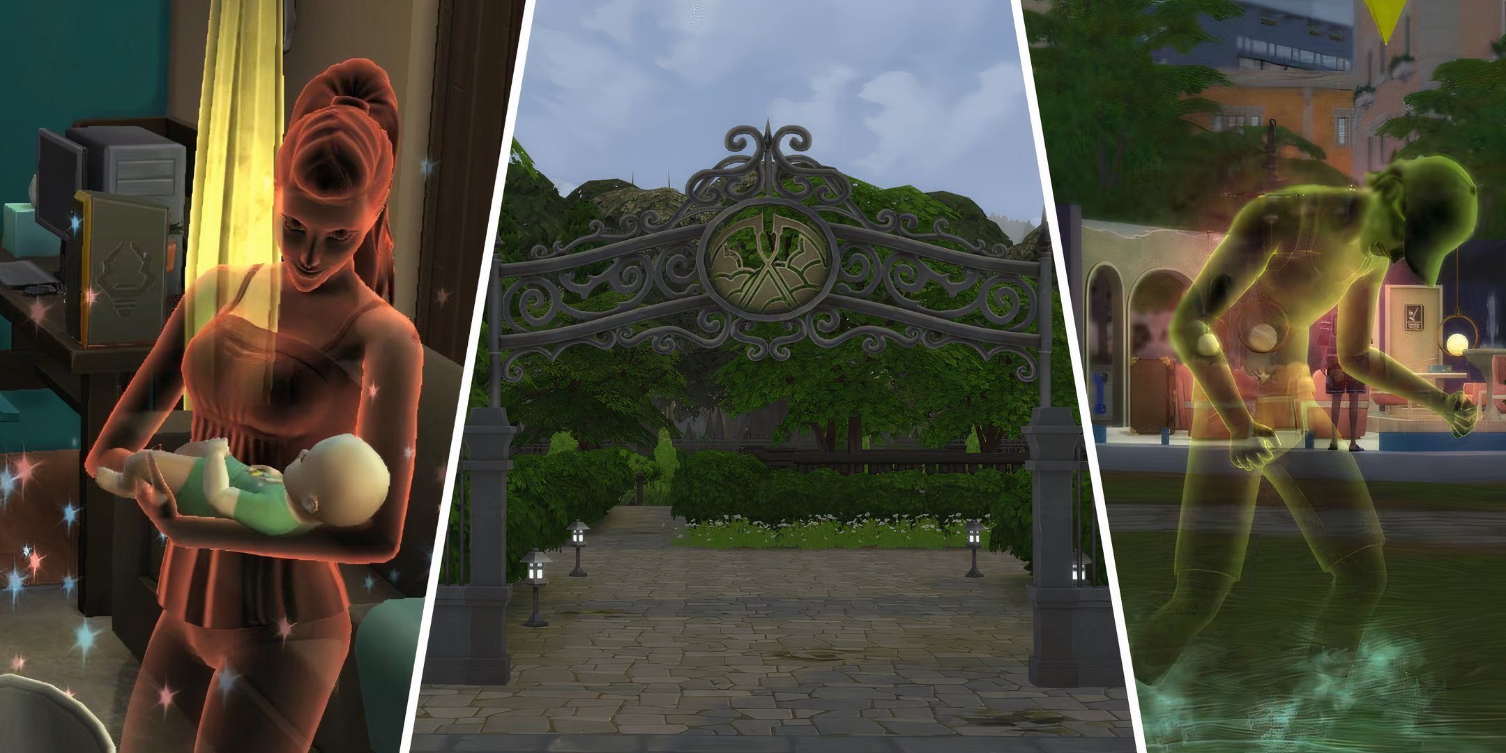 Three Images Of A Ghost Sim Holding Their Baby, A Custom Content Cemetery From Happy Haunts By Chipped And A Ghost Sim Ghostly Traversing In The Sims 4.