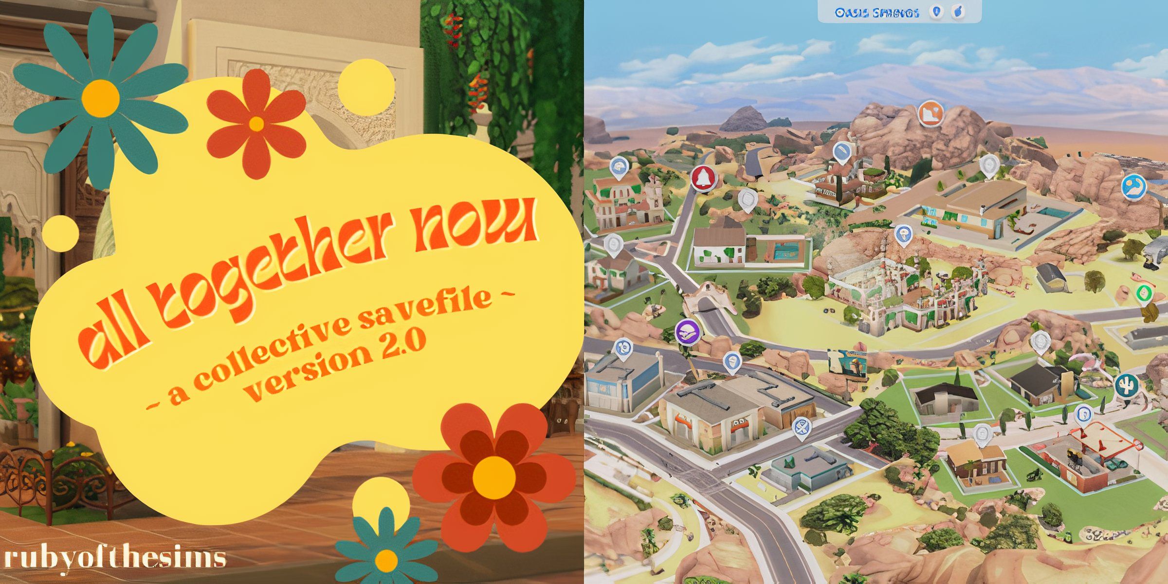 The logo for the All Together Now save file and the new rebuilt Oasis Springs neighborhood in the Sims 4