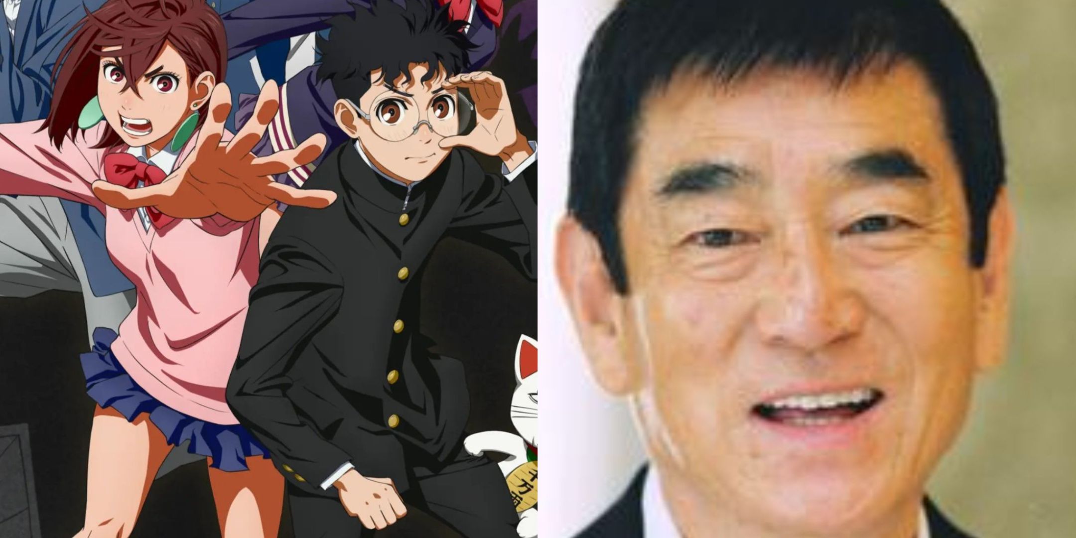 A side by side of Ken Takakura and the main characters from the anime Dandadan.