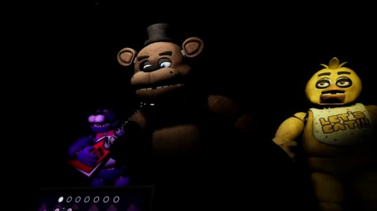 Freddy, Chica, and Bonnie on stage in Five Nights At Freddy's Help Wanted, one of the best VR horror games.