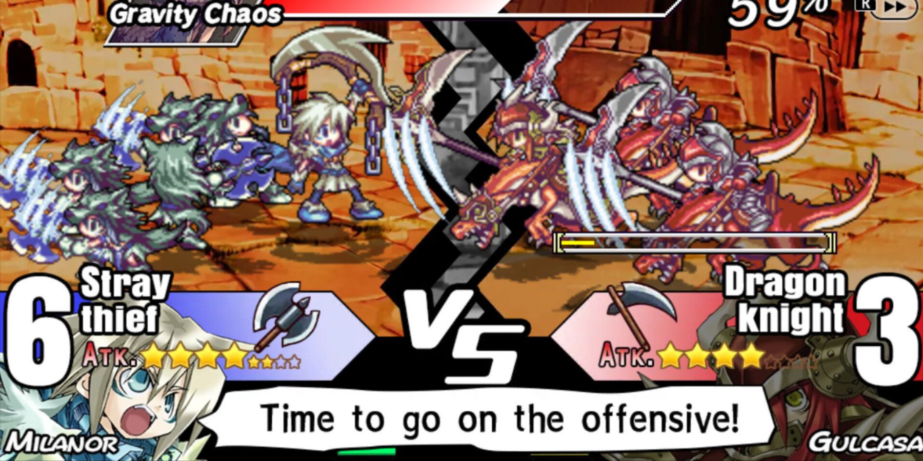 Yggdra Union chaotic battle stray theif vs dragon knight