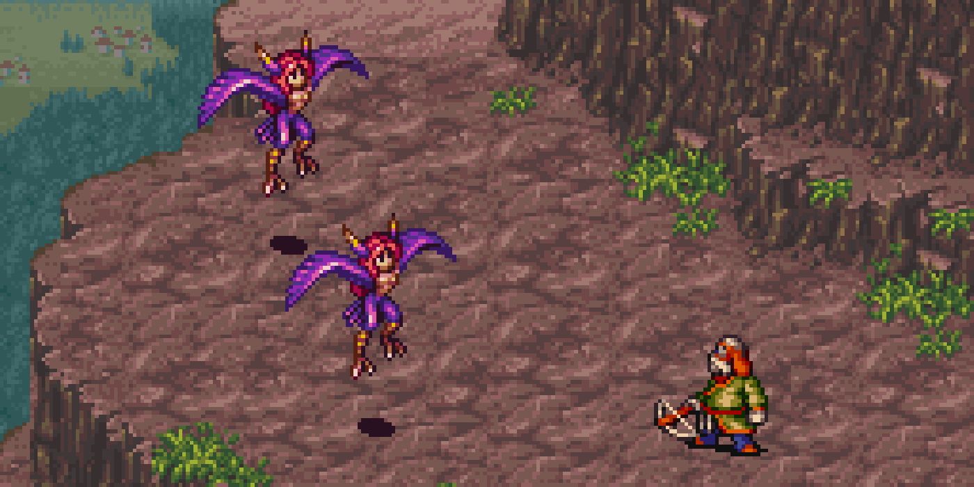 Breath of Fire 2 hero with crossbox and flying foes