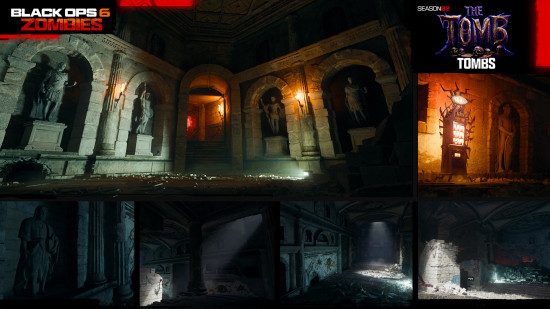 Statues lining the wall of the tombs in the BO6 Zombies The Tomb main quest.