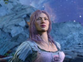 Baldur's Gate 3 screenshot showing a female elven Tav sitting against a starry sky backdrop