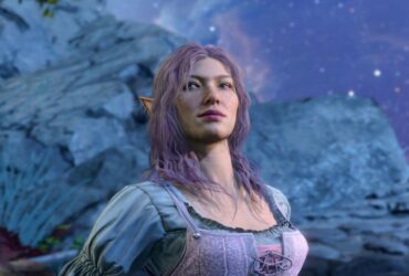 Baldur's Gate 3 screenshot showing a female elven Tav sitting against a starry sky backdrop