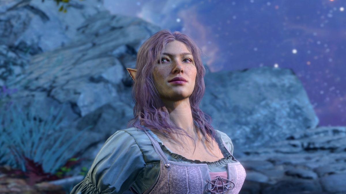 Baldur's Gate 3 screenshot showing a female elven Tav sitting against a starry sky backdrop