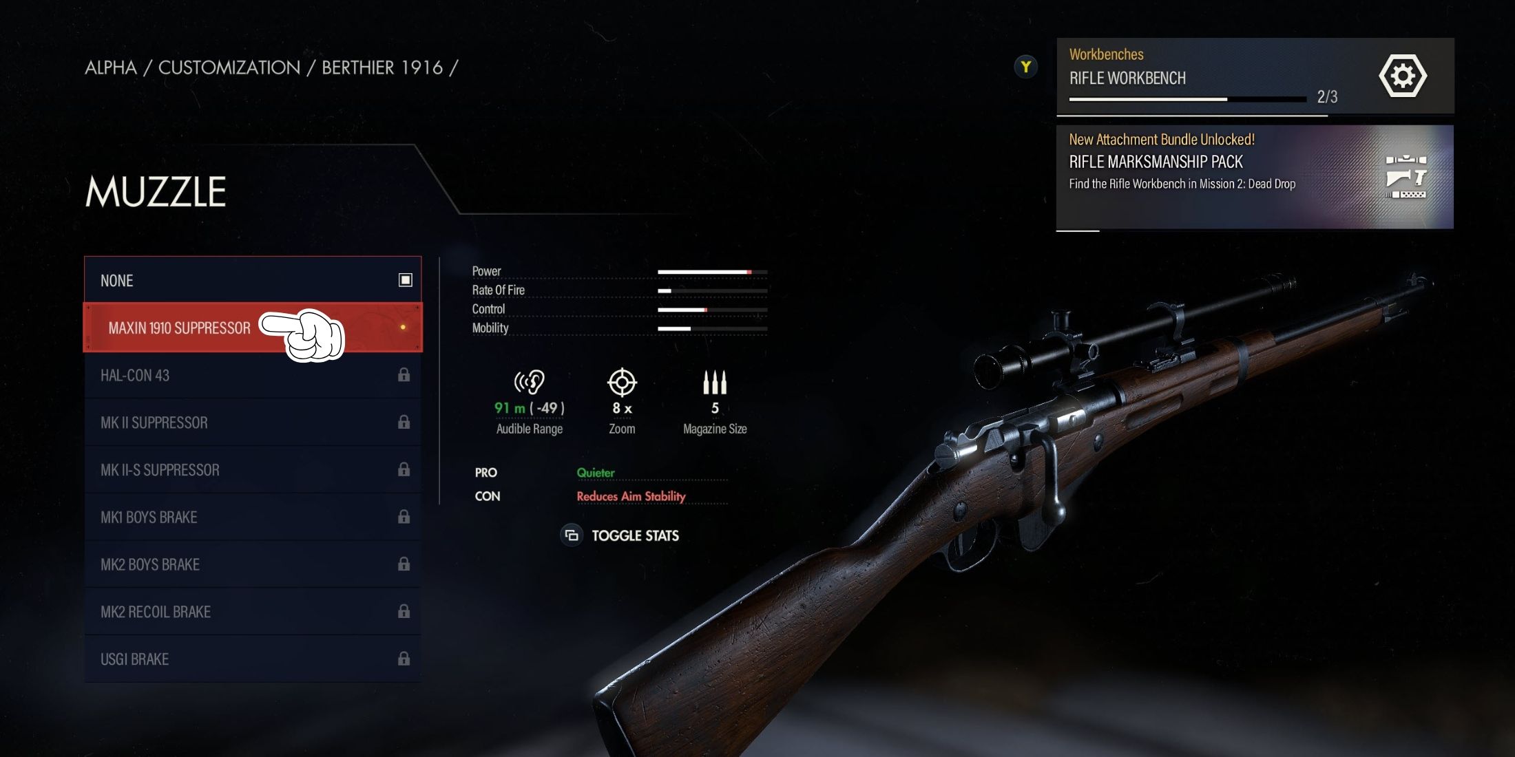 Equipping Maxin 1910 Suppressor in Sniper Elite Resistance