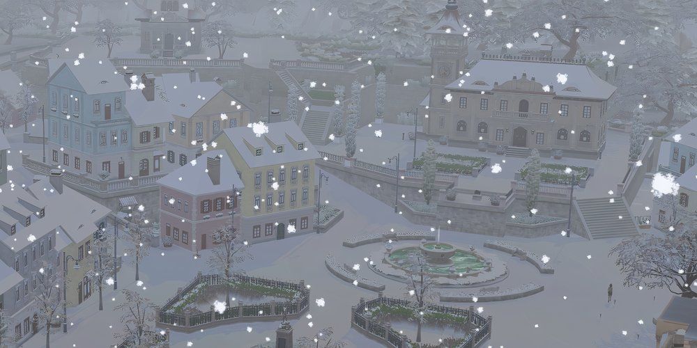 Picture showing a snowy day in Ravenwood from The Sims 4: Life & Death.