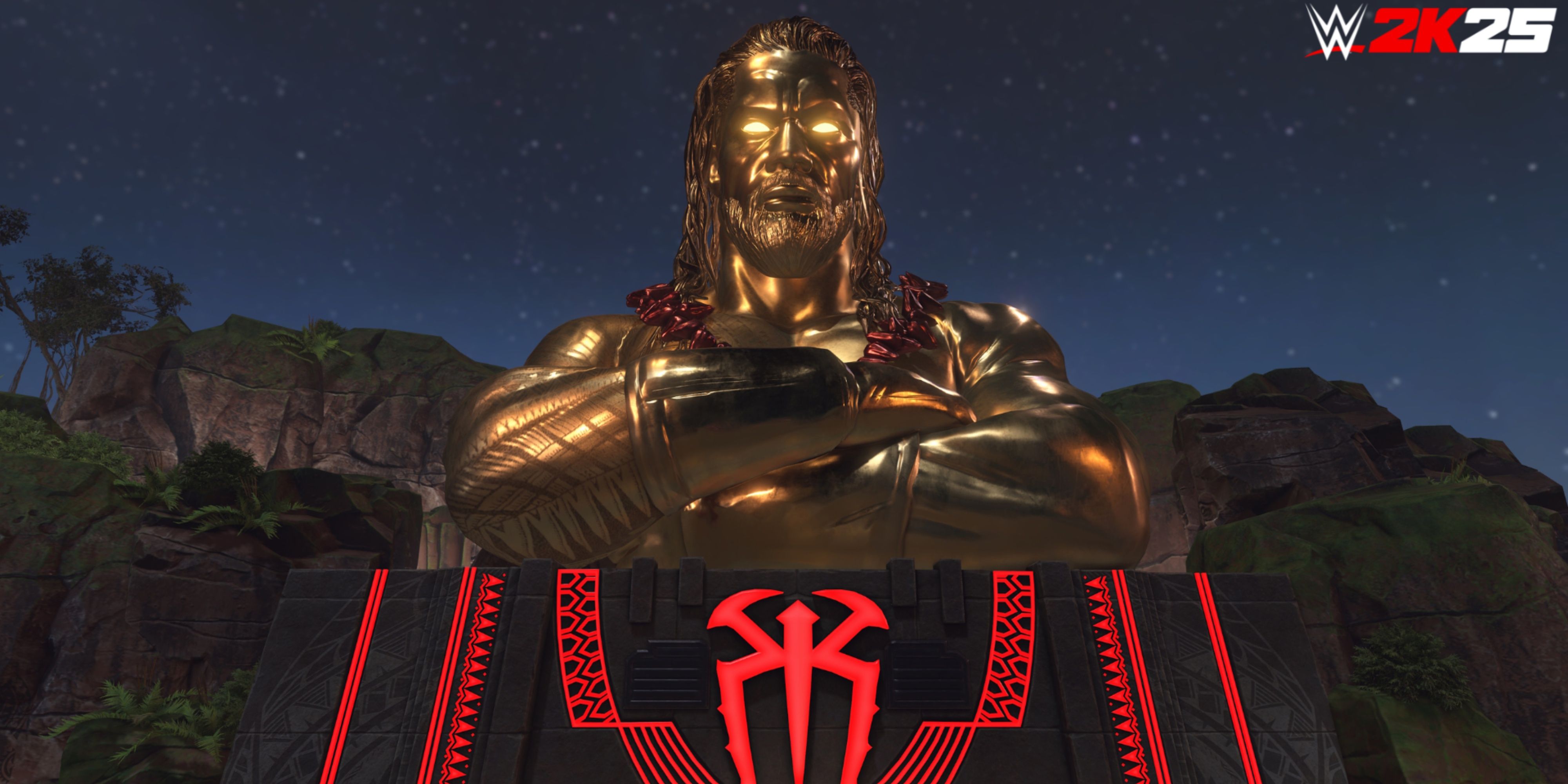 roman reigns statue on the island in wwe 2k25.