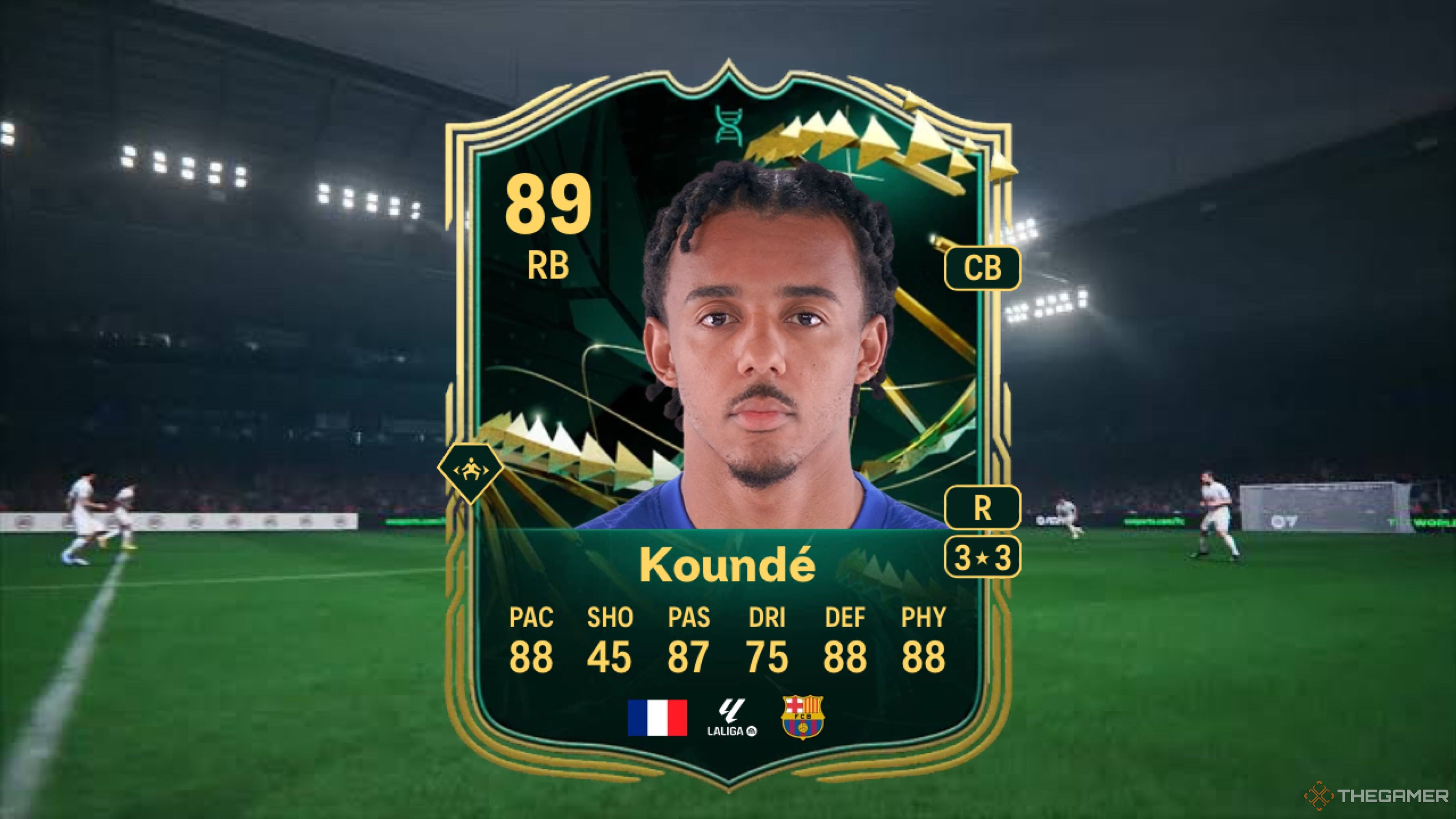 Image showing Koundé card against a faded pitch background.