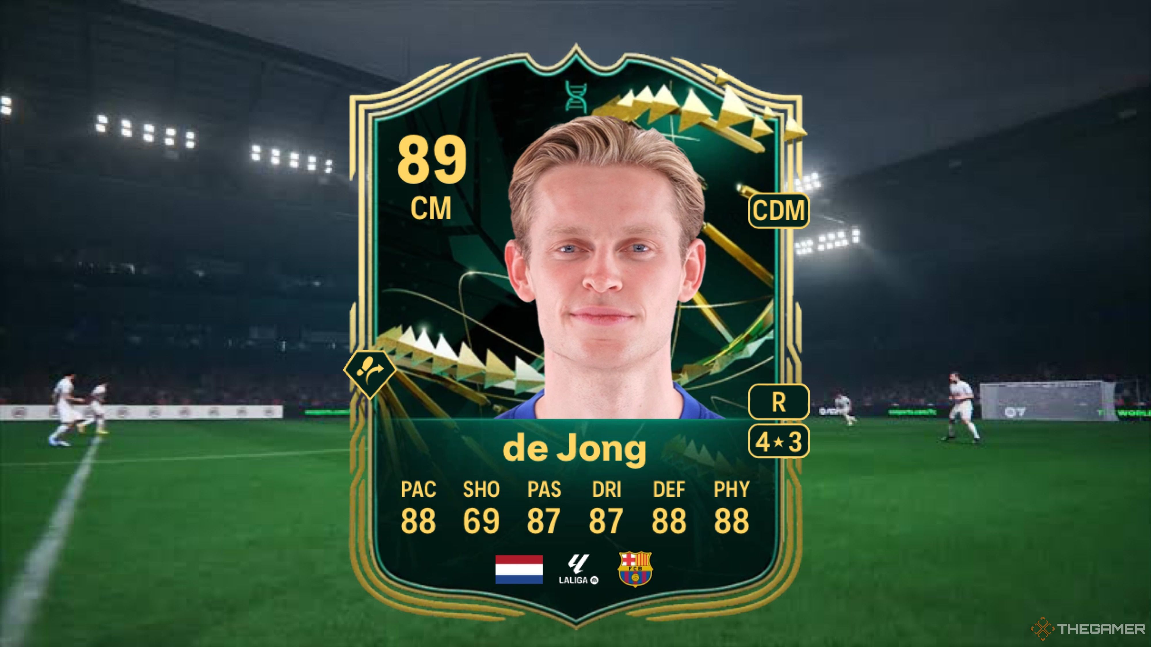 Image showing de Jong card against a faded pitch background.