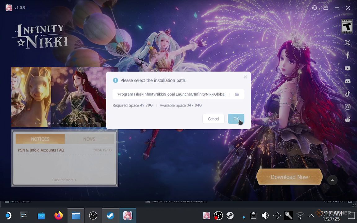 Downloading Infinity Nikki on Steam Deck and settings an install path.