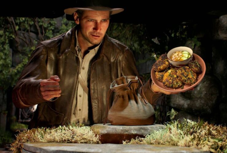 Indiana Jones and the Great Circle Indy holding Thai fishcake dish in temple