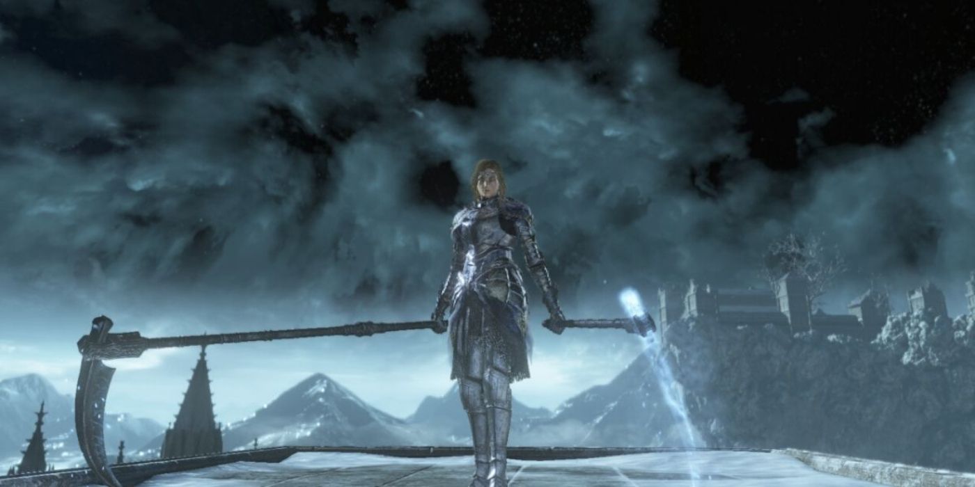 A character wielding Friede's Great Scythe in Dark Souls 3 (1)