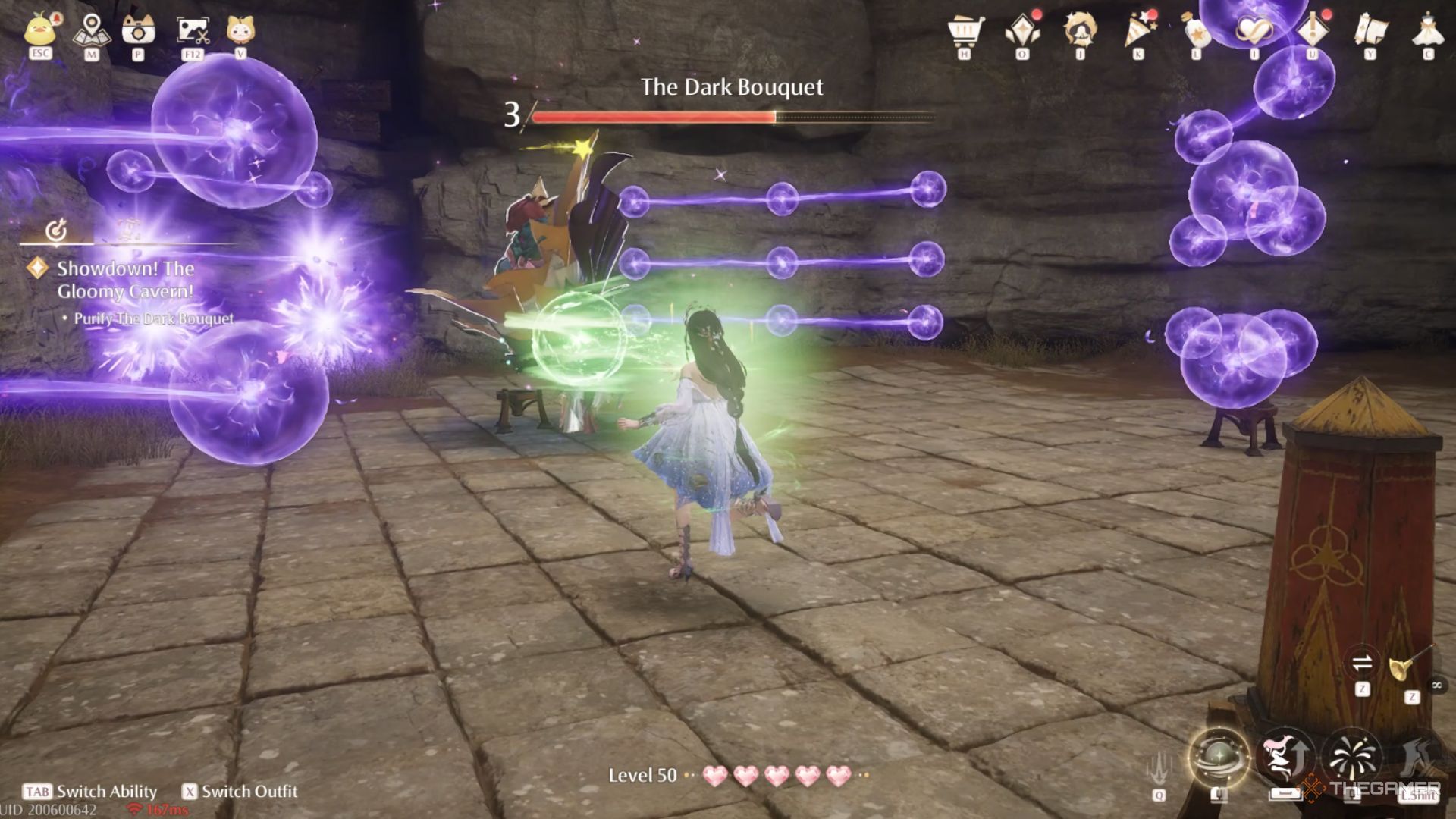 Nikki is hitting The Dark Bouquet with the Purification Orb in Infinity Nikki.