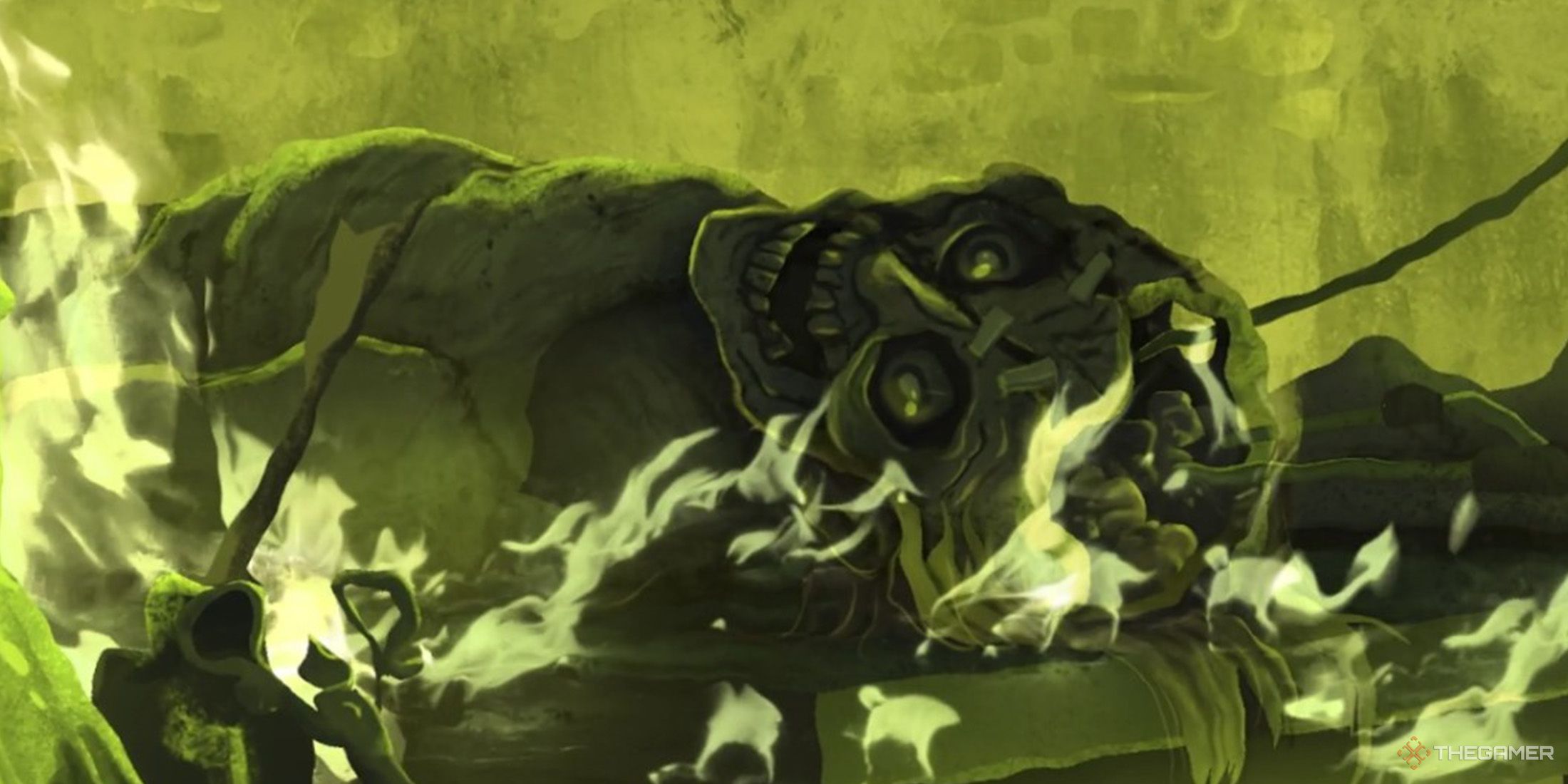 A corpse is burning among the green colored flames on experiment table in The Stone Of Madness