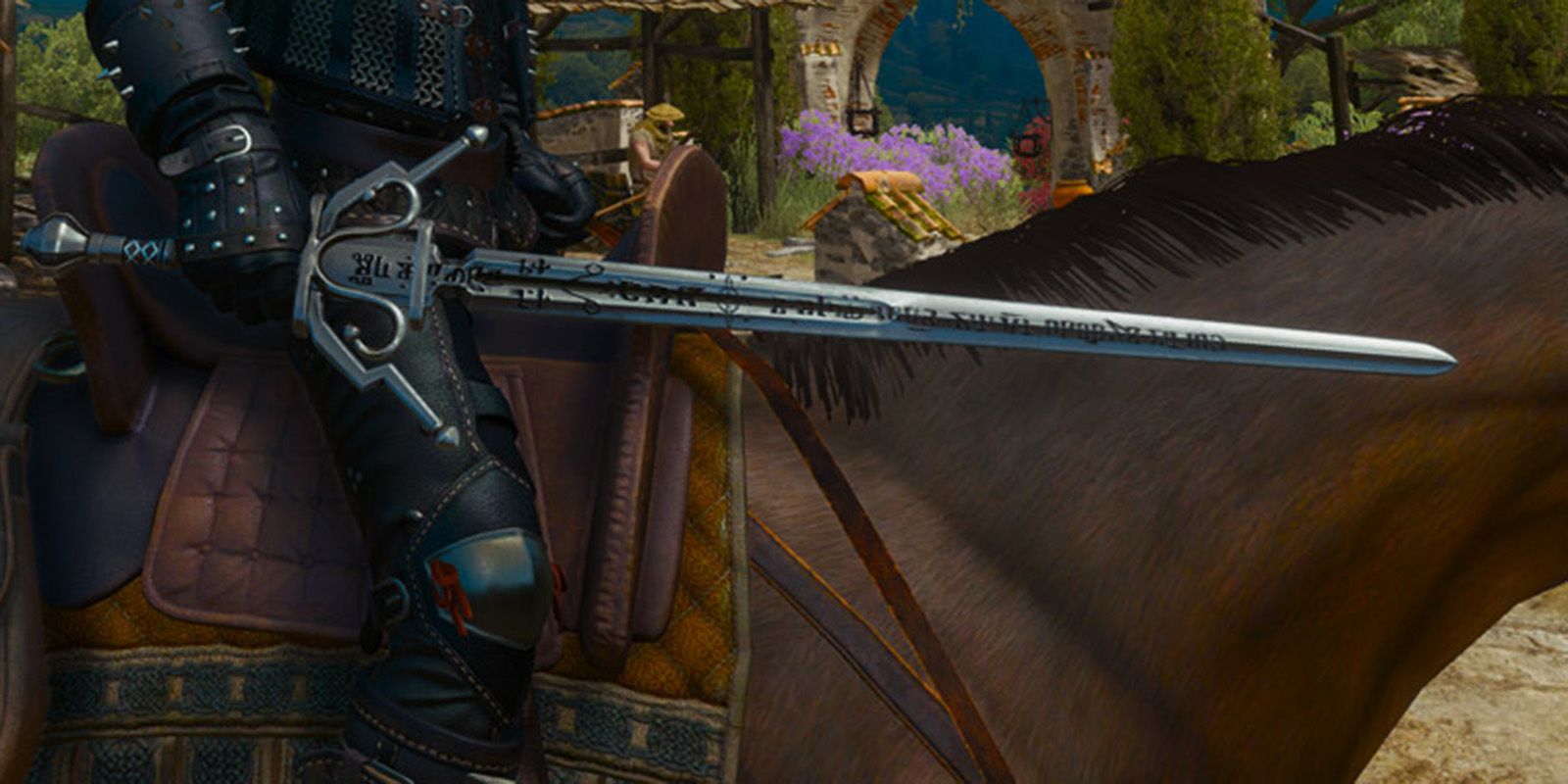 Witcher 3 Geralt On Roach Holding Gesheft