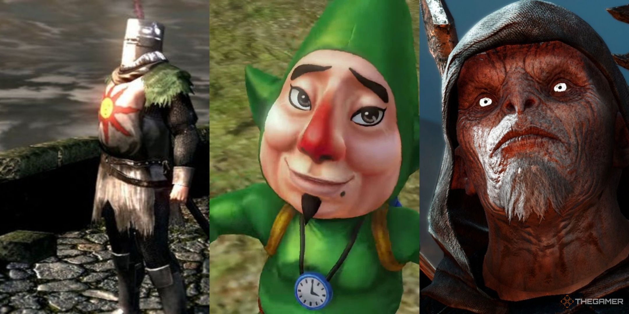Solaire looking at the sun in dark souls, tingle looking directly at the camera in majora's mask, and zog with glowing eyes in shadow of war, left to right.
