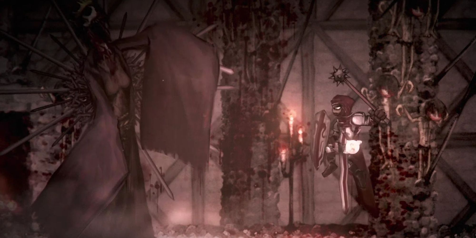 The main character jumping in the air with a mace and shield prepared to attack the haunting and gigantic Queen of Smiles boss in Salt And Sanctuary.