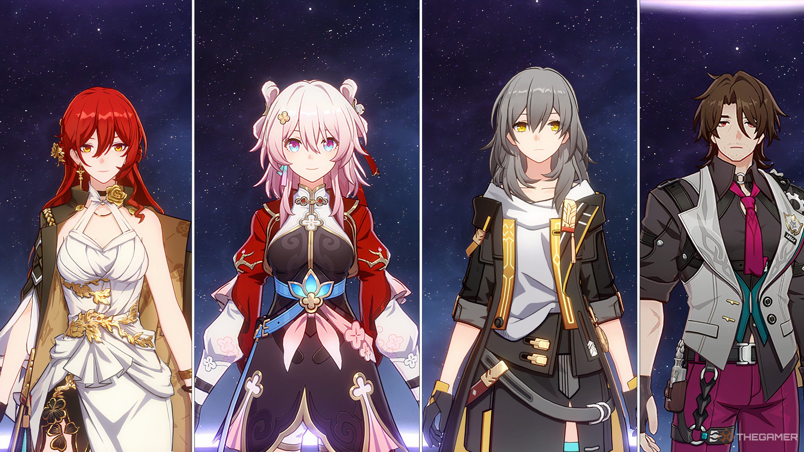 Himeko, March 7th, Trailblazer, and Gallagher in a team in Honkai Star Rail.