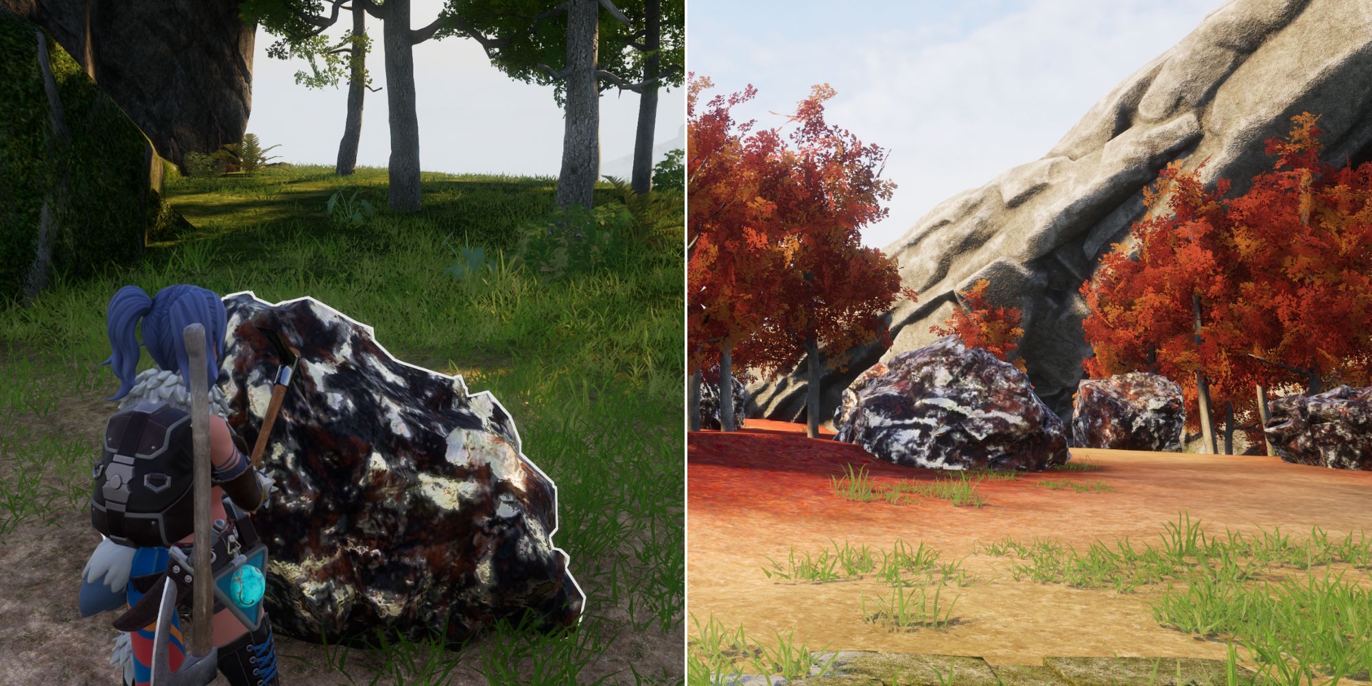 Palworld Split image of player mining an ore node and a cluster of ore nodes