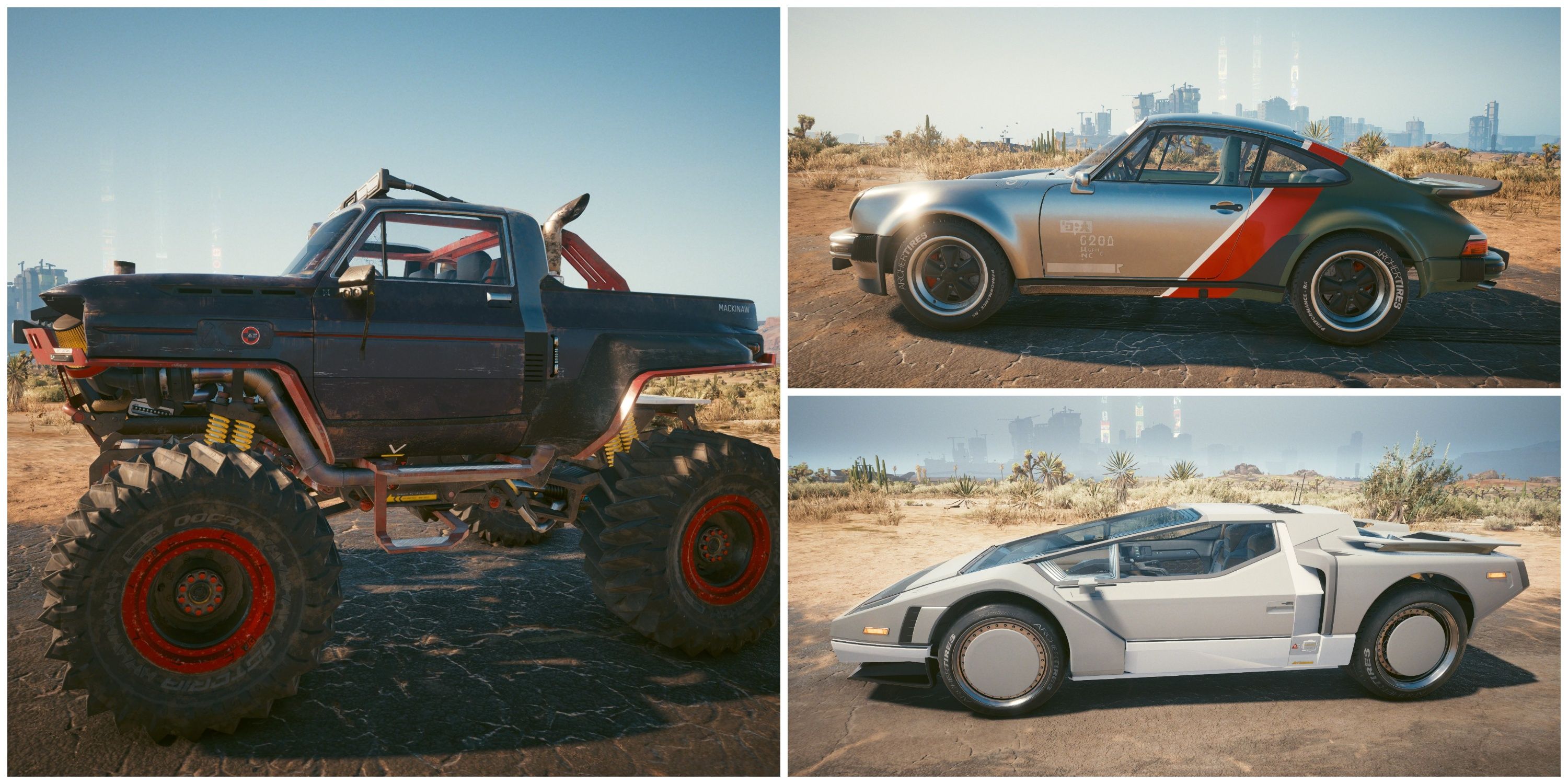 cyberpunk 2077 porsche, monster truck, delorean