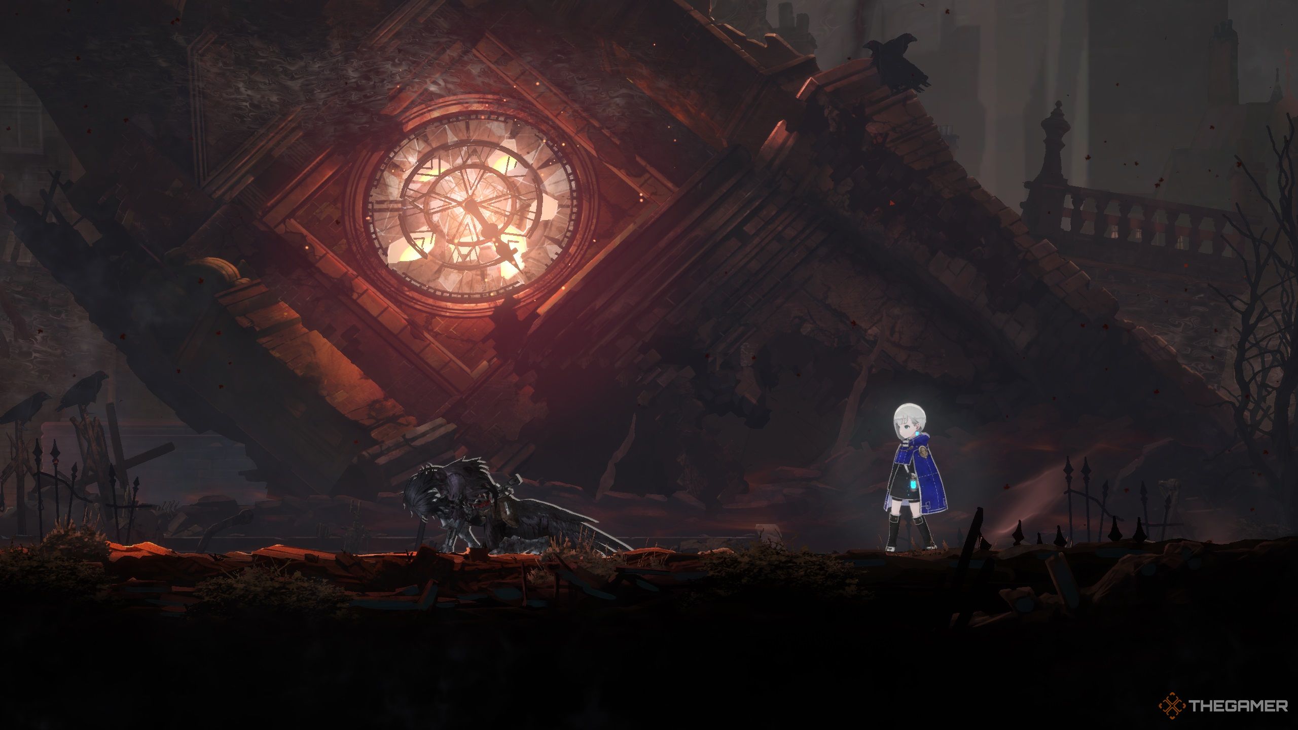 Player standing behind Yolvan near a massive fallen clock tower.