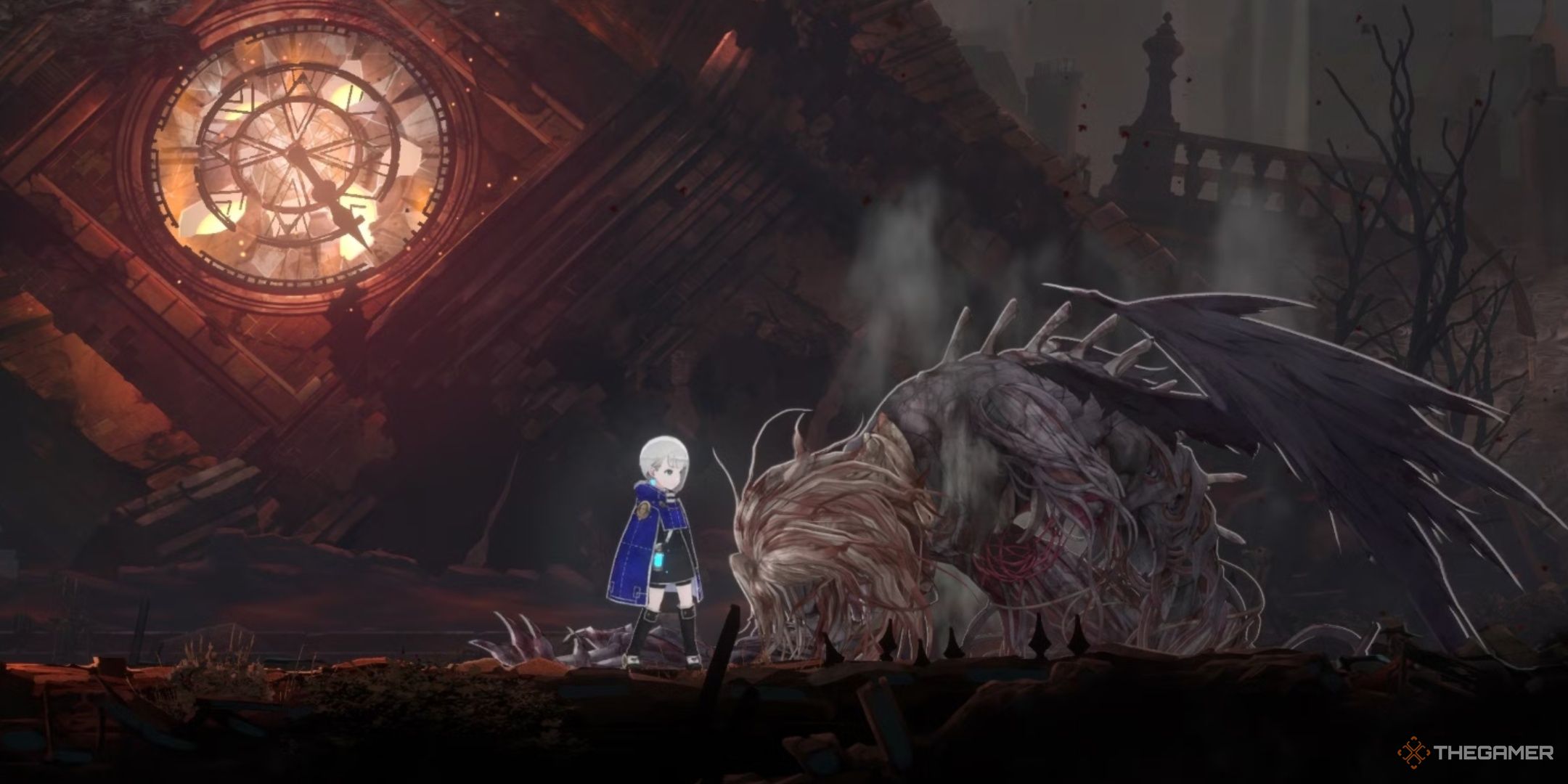 Main Character standing in front of Yolvan after defeating it.