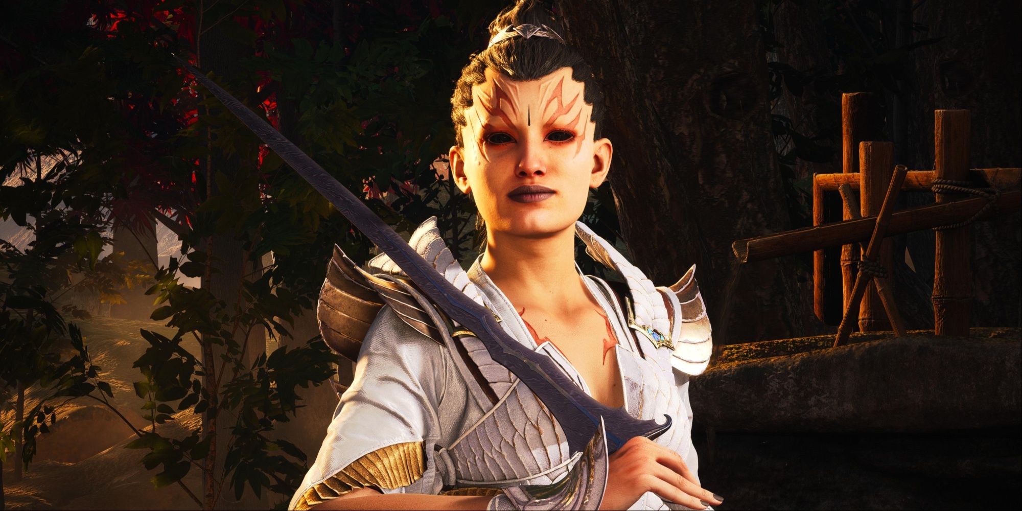 Ashrah in Mortal Kombat 1 photo mode shouldering her blade.