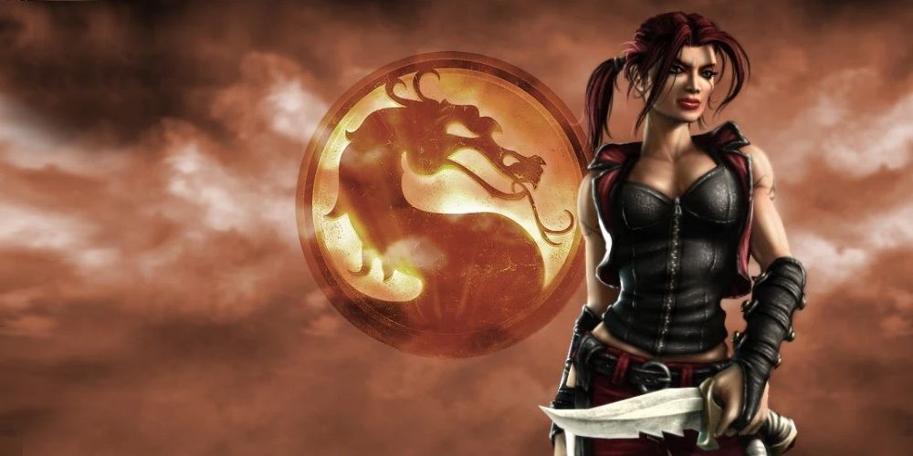 KIra with a blade drawn, standing against a smokey background featuring the Mortal Kombat logo.