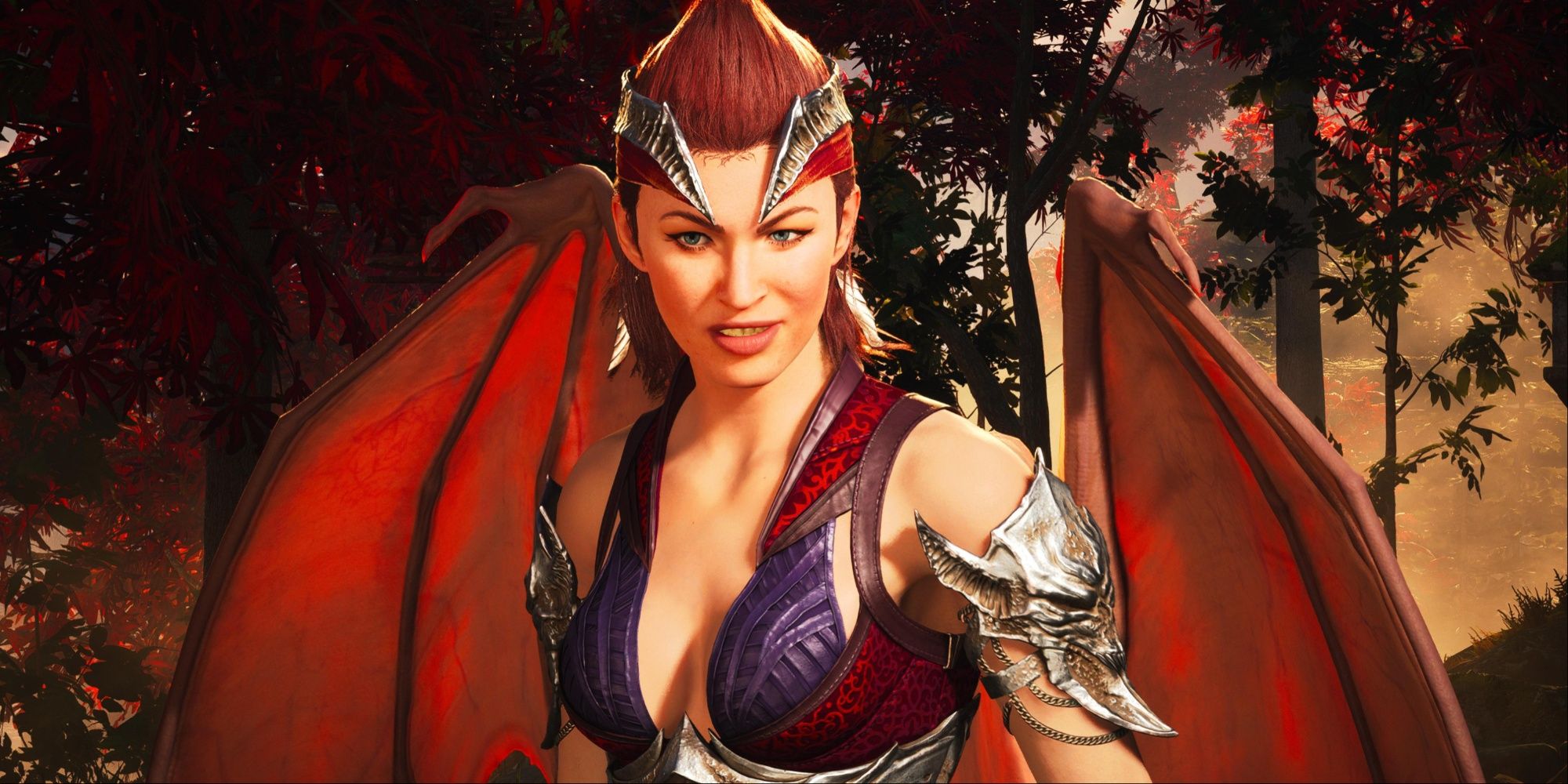 Nitara in Mortal Kombat 1, a red haired woman with horns and demonic wings.