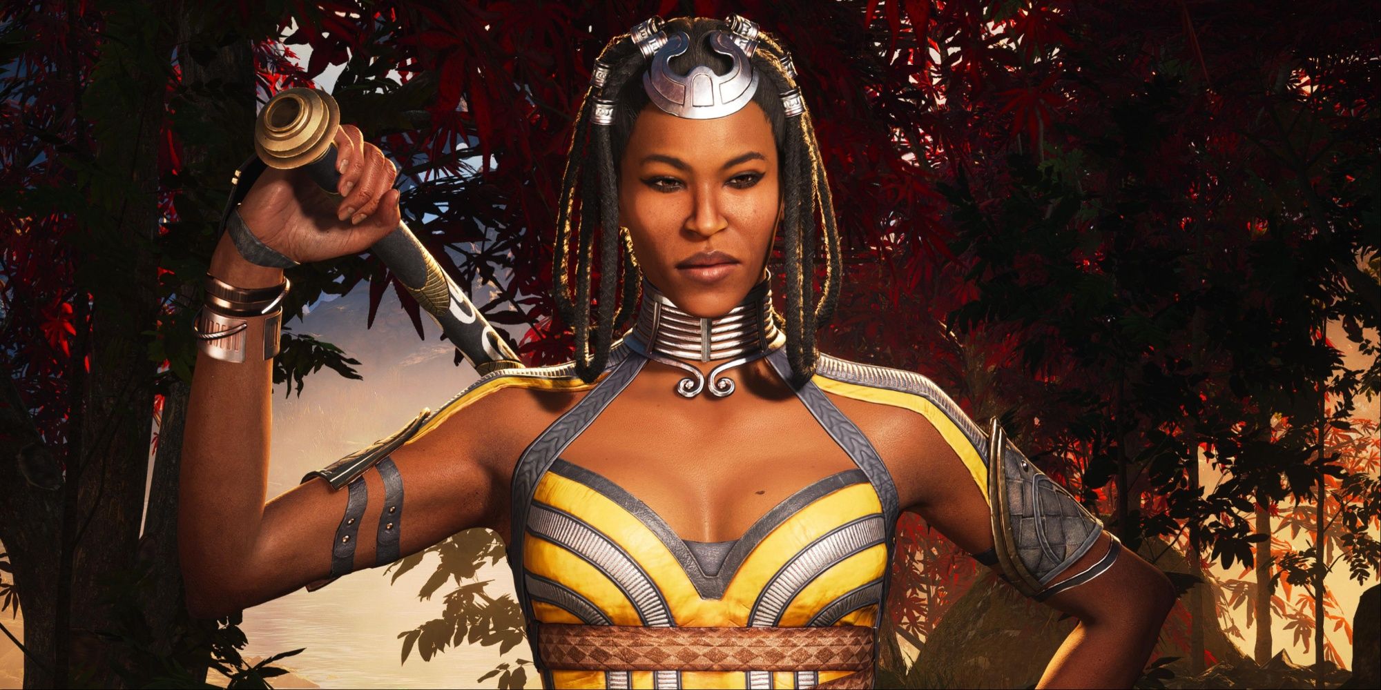 Tanya in Mortal Kombat 1 photo mode standing in the forest, her weapon slung over her shoulder.