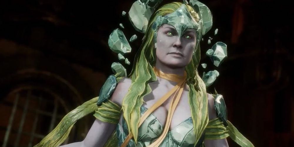 Mortal Kombat 11 close up of Cetrion with a stern expression.