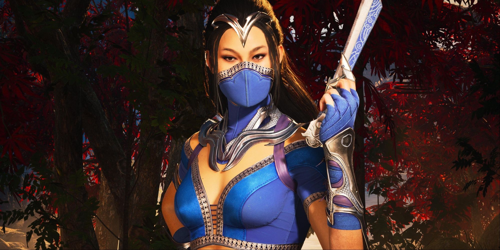 Kitana in Mortal Kombat 1, posing with her fan in a forest in photo mode.