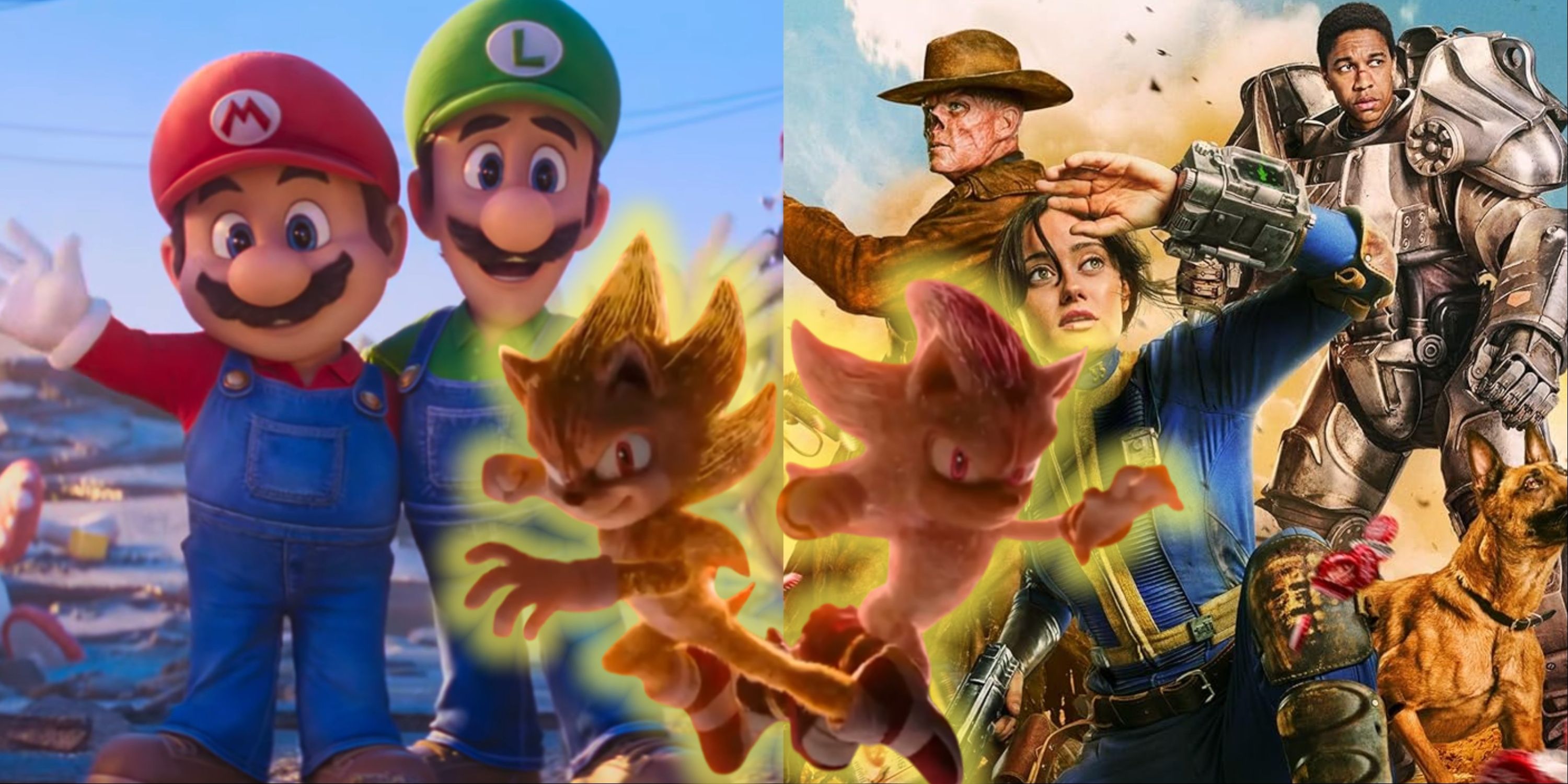 Split image of The Super Mario Bros. Movie, Sonic The Hedgehog 3, and Fallout