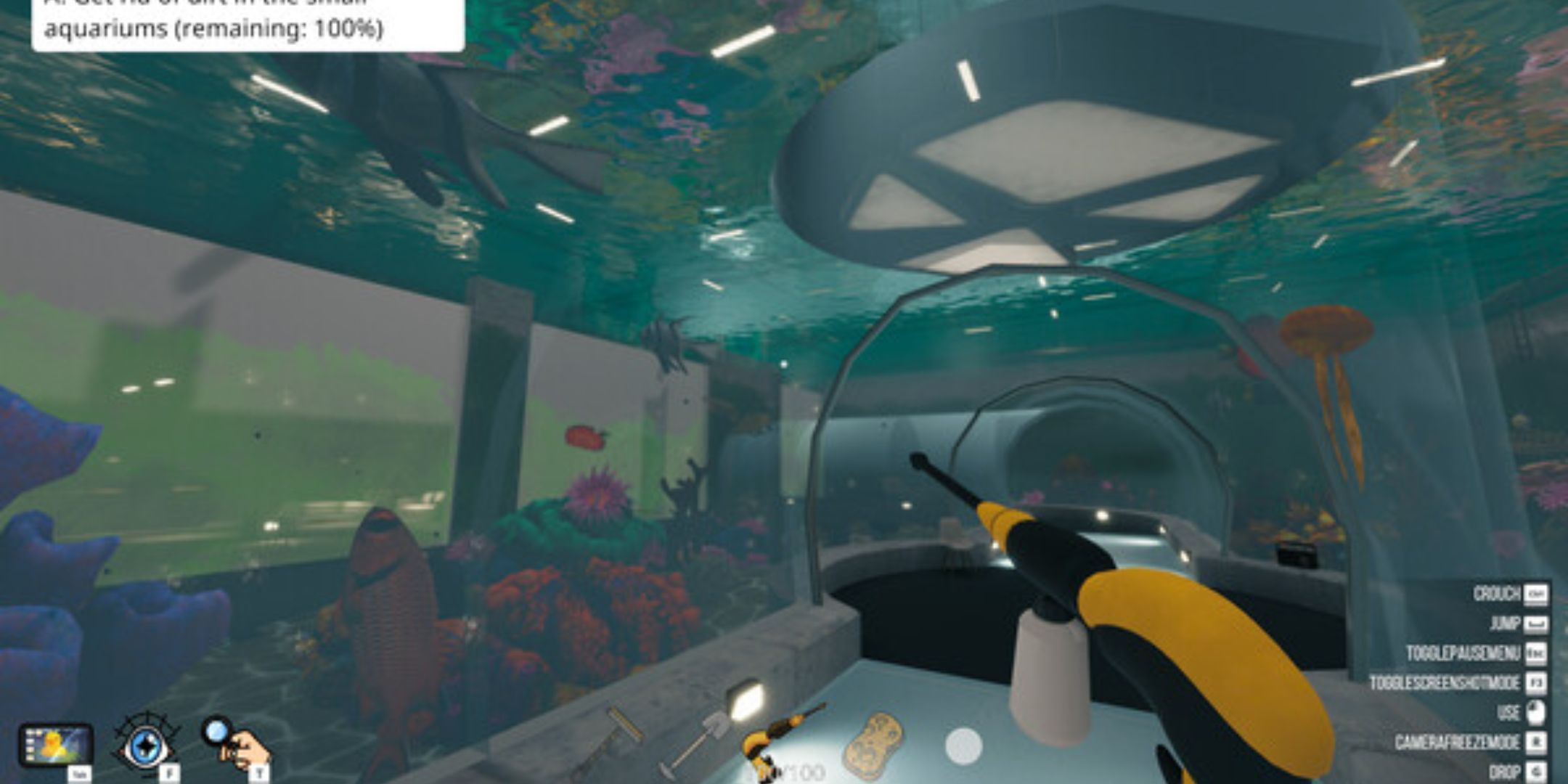 Cleaning an aquarium tunnel in Pool Cleaning Simulator.