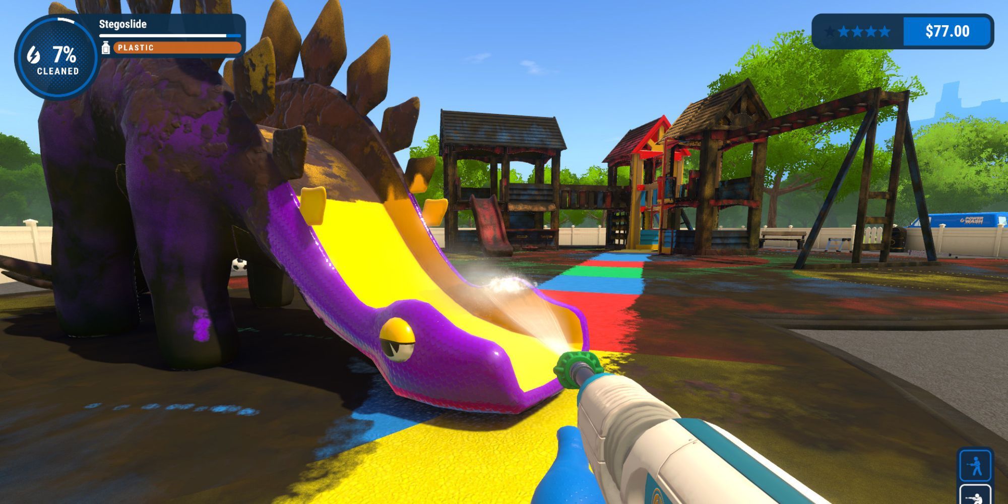 Powerwashing a large dinosaur-shaped slide, in PowerWashing Simulator. 