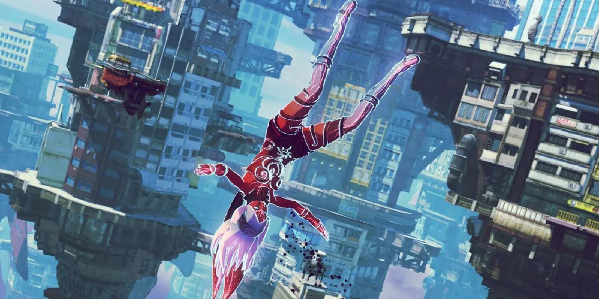 A screenshot from Gravity Rush 2, showing Kat flying upside-down