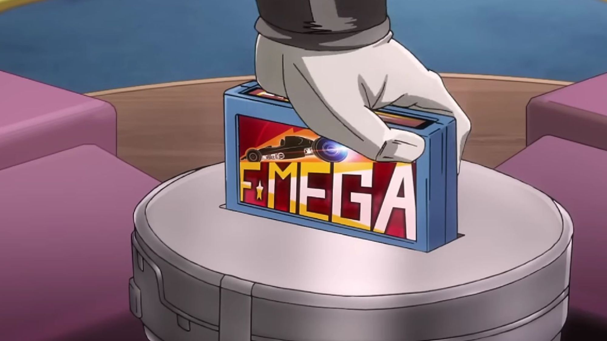 Joseph Joestar inserts an F-Mega cartridge before Kakyoin plays against D'arby.