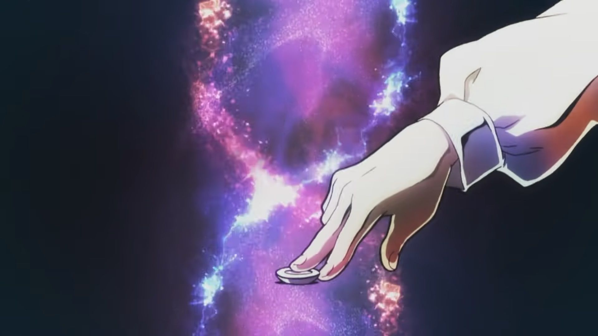 Komugi's hand is shown against a galaxy helix background pushing a counter to make a move in a gungi match. 