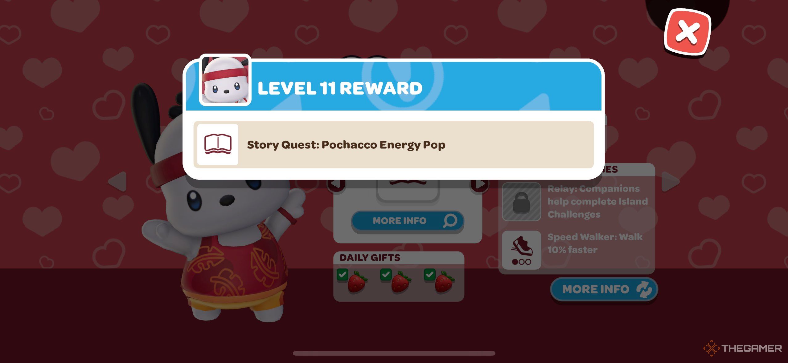 A player looking at the level 11 friendship reward for Pochacco in Hello Kitty Island Adventure.