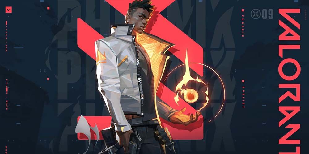 Phoenix holding a fire orb on his character card in Valorant.