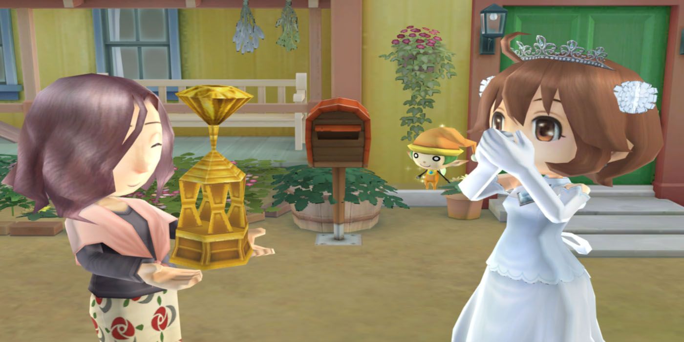 The player is wearing a wedding dress in Harvest Moon: Animal Parade.