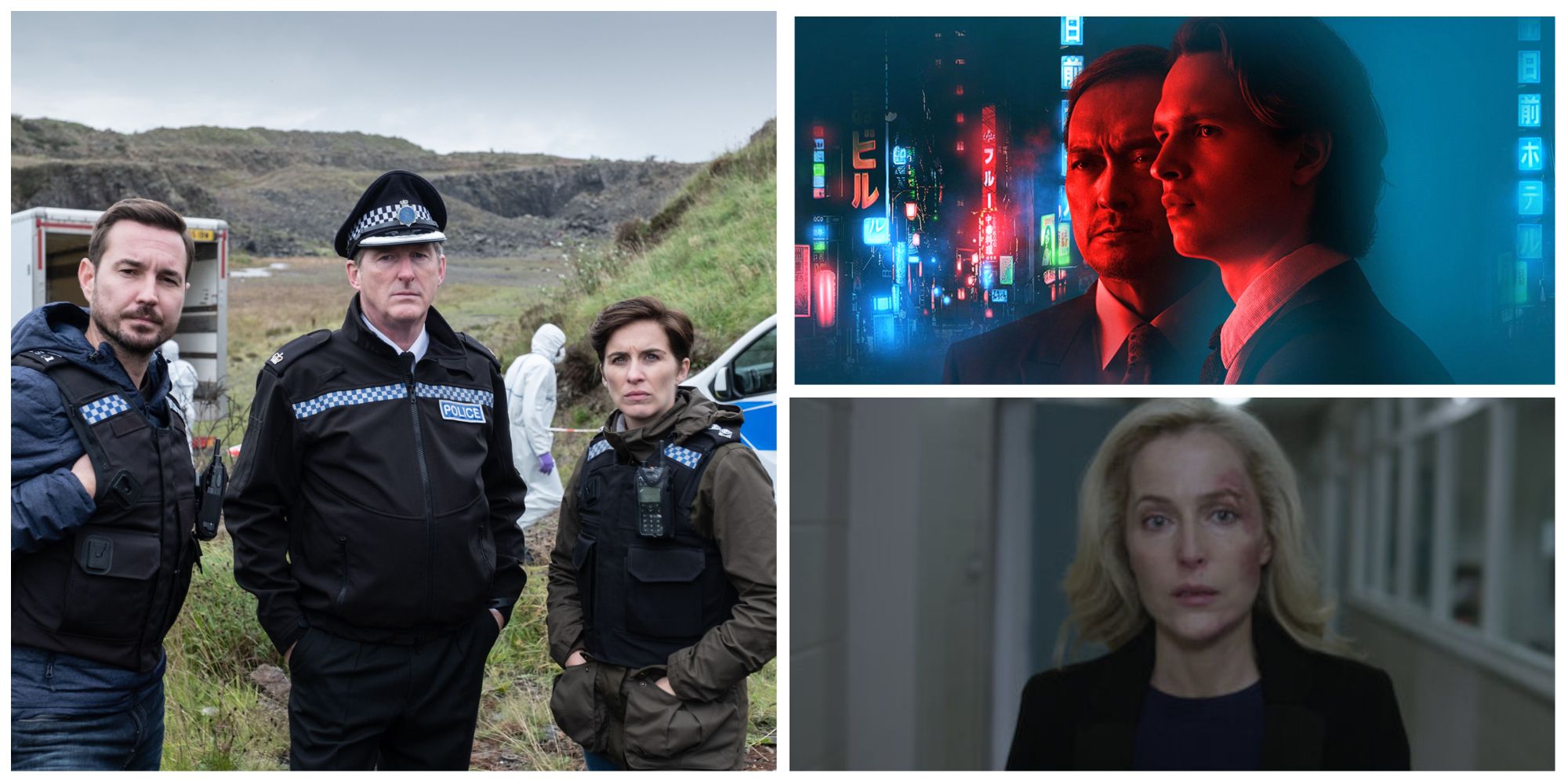 Left: the cast of Line of Duty stood in a field looking at the camera. Top right: Ansel Elgort and Ken Watanabe from Tokyo Vice. Bottom right: Gillian Anderson in The Fall.