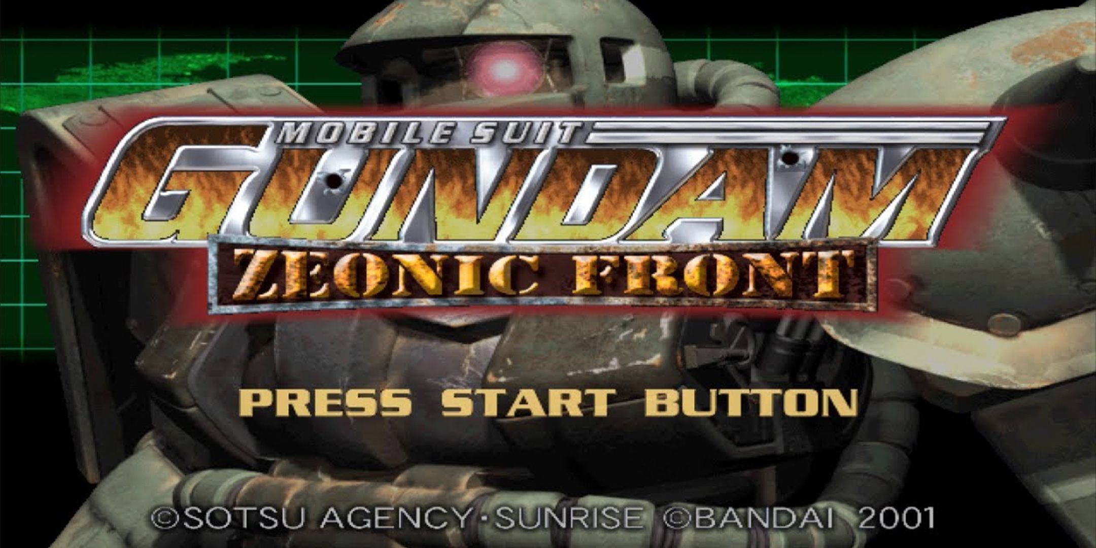 The title screen of Mobile Suit Gundam: Zeonic Front, with a classic Zaku in the background behind the title text.