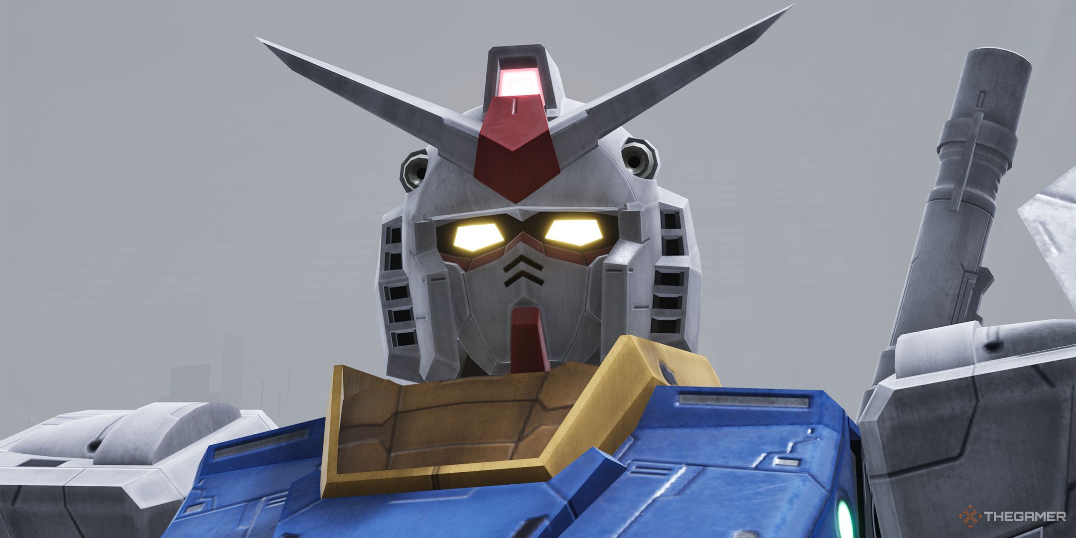 The grandaddy Gundam, RX-78-2, with golden eyes glowing.