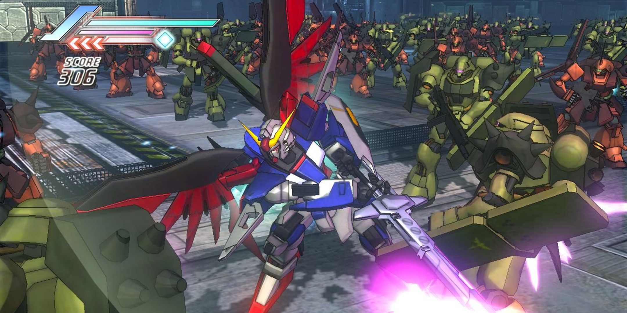 The Destiny Gundam slashing through enemies in Dynasty Warriors: Gundam 3.