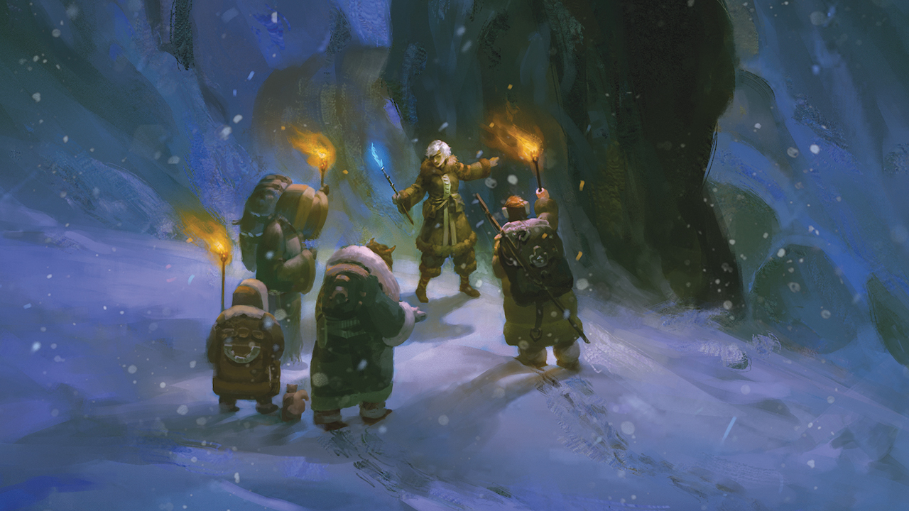 Some players following a ranger through the snow