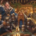 D&amp;D art of a tavern scene, adventurers sit around a table drinking from tankards